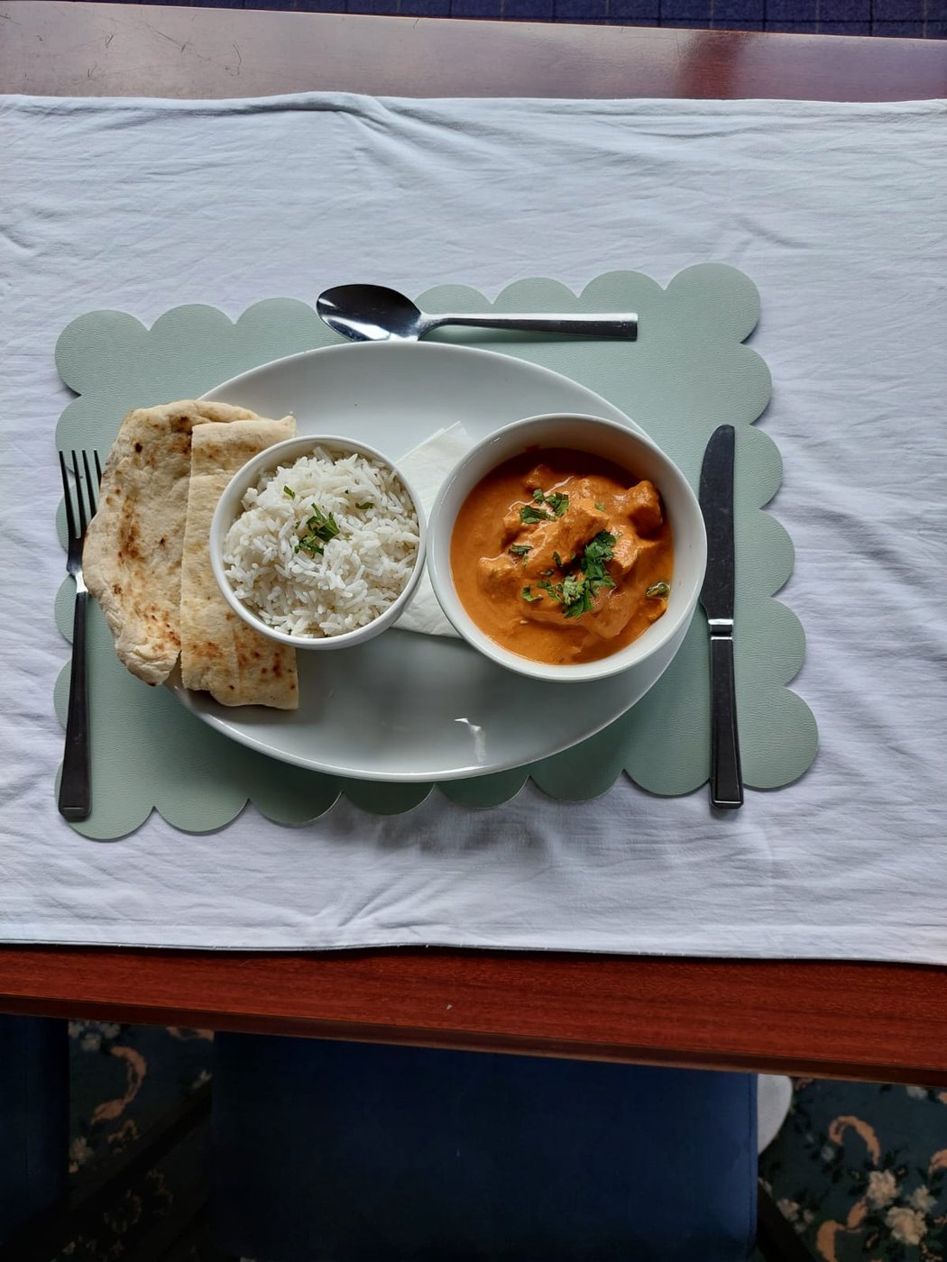 Chicken curry with basmati rice and naan bread — TMT Café Bistro, Jedburgh Golf Club